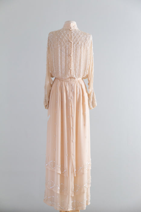Dreamy 1980's Edwardian Inspired Oleg Cassini Beaded Silk Chiffon Wedding Gown / S