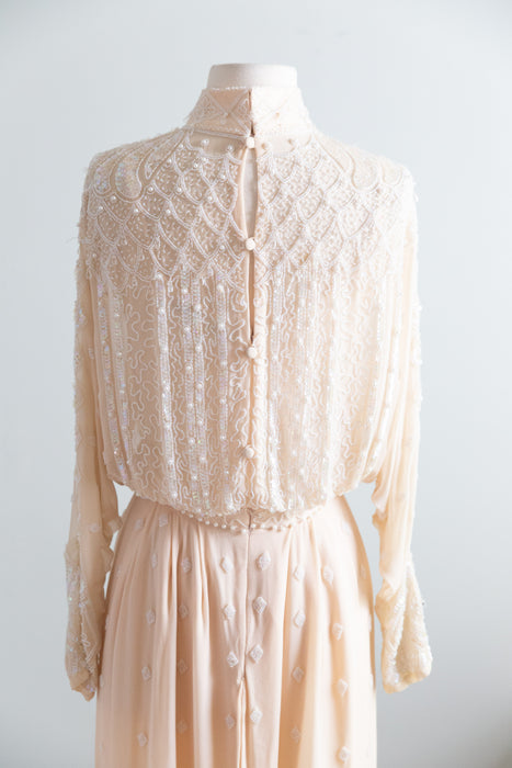 Dreamy 1980's Edwardian Inspired Oleg Cassini Beaded Silk Chiffon Wedding Gown / S