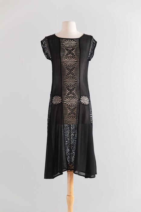 1920s Black Silk Chiffon and Spider Web Lace Flapper Dress / S