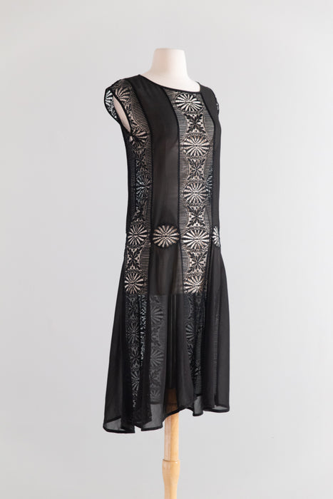 1920s Black Silk Chiffon and Spider Web Lace Flapper Dress / S