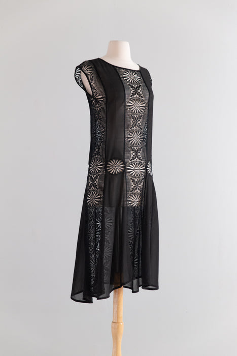 1920s Black Silk Chiffon and Spider Web Lace Flapper Dress / S