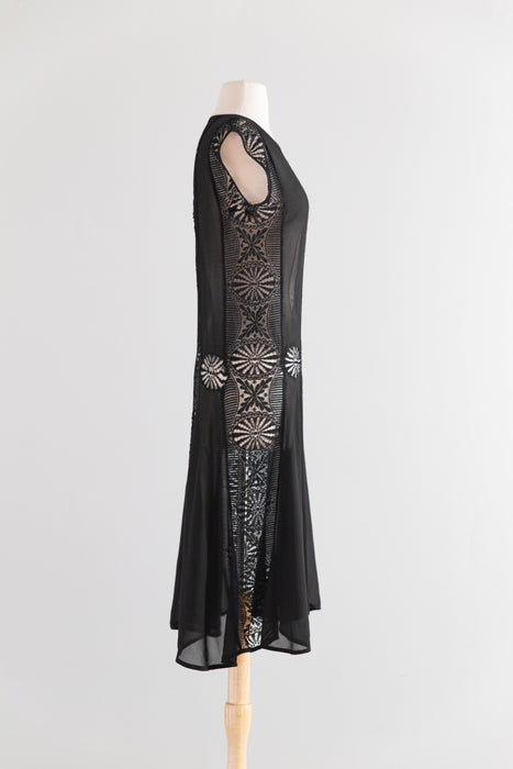 1920s Black Silk Chiffon and Spider Web Lace Flapper Dress / S