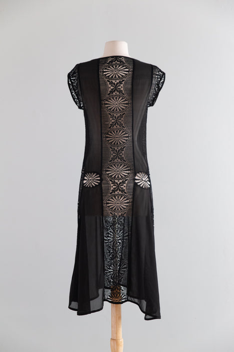 1920s Black Silk Chiffon and Spider Web Lace Flapper Dress / S
