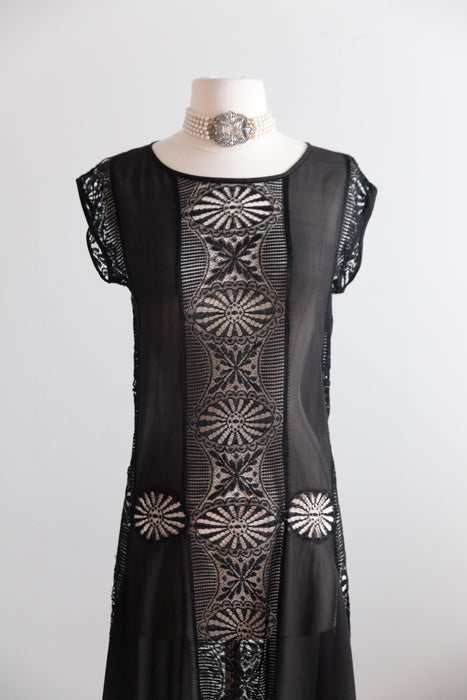 1920s Black Silk Chiffon and Spider Web Lace Flapper Dress / S