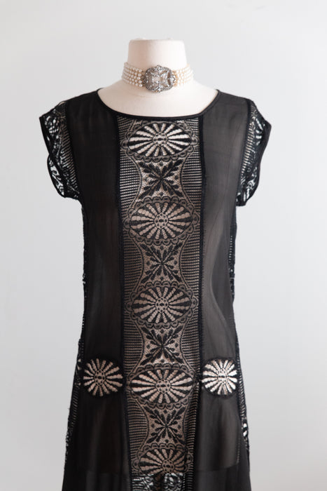 1920s Black Silk Chiffon and Spider Web Lace Flapper Dress / S