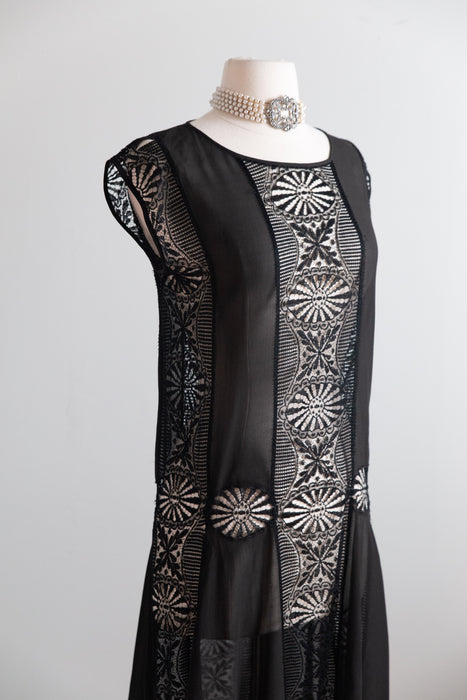 1920s Black Silk Chiffon and Spider Web Lace Flapper Dress / S