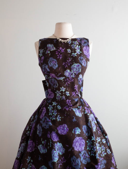 Fabulous 1950's Midnight Floral Print Bubble Skirt Party Dress / SM