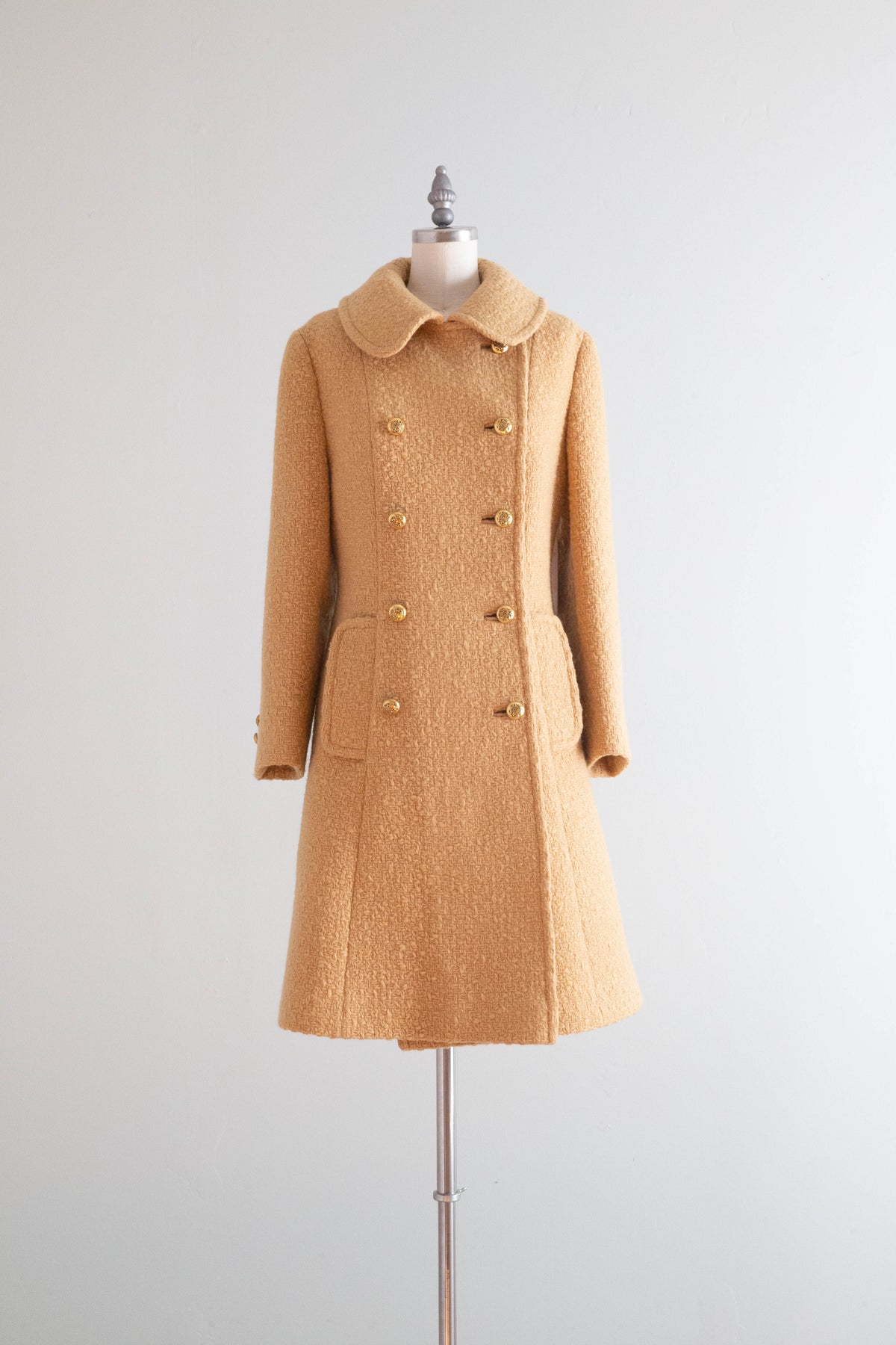 Fabulous 1960's Camel Color Woven Wool Coat By Dumas / Medium