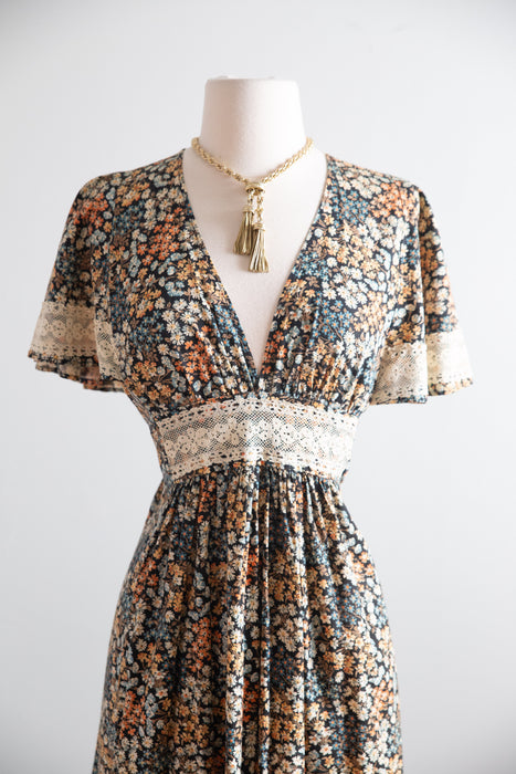 1970's Romantic Cotton Floral Print Maxi Dress With Flutter Sleeves / SM