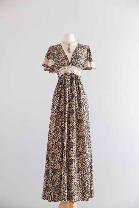 1970's Romantic Cotton Floral Print Maxi Dress With Flutter Sleeves / SM
