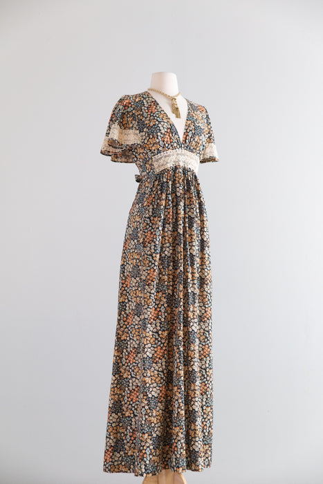 1970's Romantic Cotton Floral Print Maxi Dress With Flutter Sleeves / SM