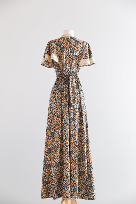 1970's Romantic Cotton Floral Print Maxi Dress With Flutter Sleeves / SM