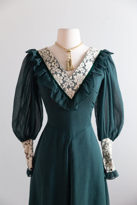 Romantic 1970's Emerald Green Maxi Dress, Made In England / M