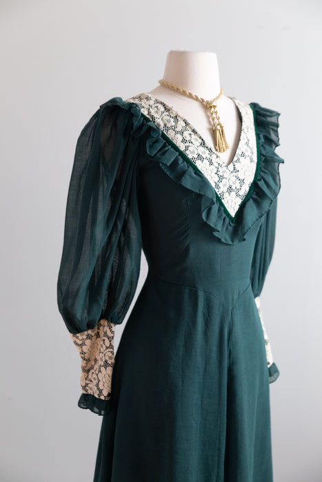 Romantic 1970's Emerald Green Maxi Dress, Made In England / M