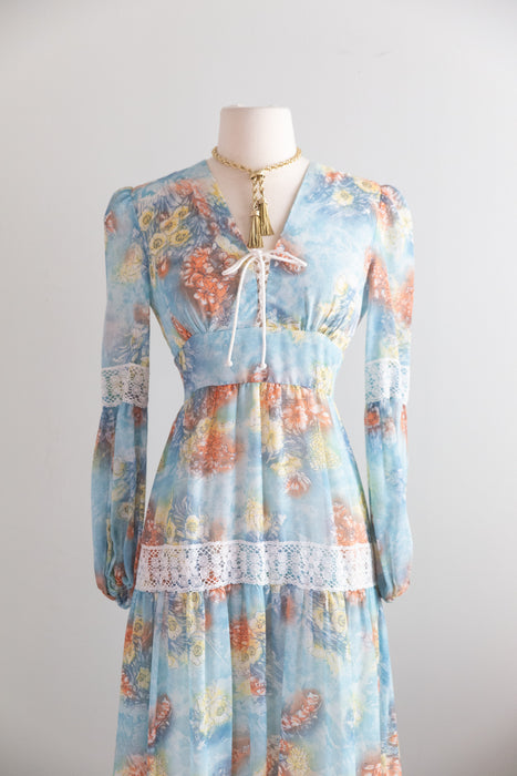 1970's Ethereal Lace Up Bodice Prairie Maxi Dress / S