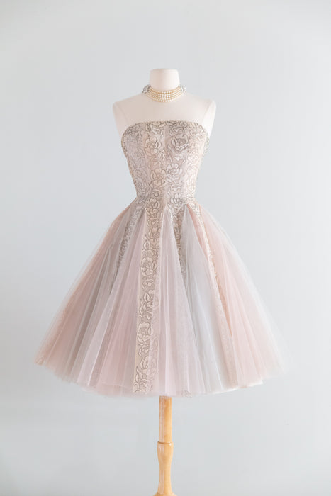 Breathtaking 1950s Strapless Party Dress with Metallic Silver Rose Lace and Pale Blue & Blush Tulle Gored Skirt / XS