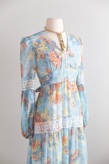 1970's Ethereal Lace Up Bodice Prairie Maxi Dress / S