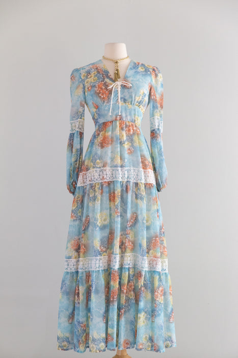 1970's Ethereal Lace Up Bodice Prairie Maxi Dress / S