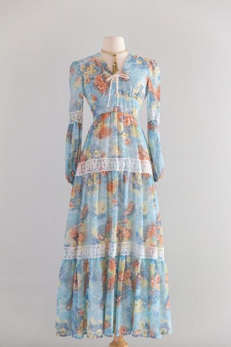 1970's Ethereal Lace Up Bodice Prairie Maxi Dress / S