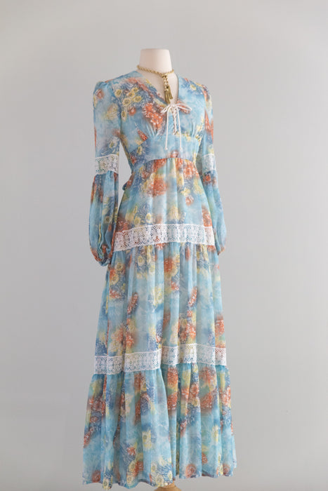 1970's Ethereal Lace Up Bodice Prairie Maxi Dress / S