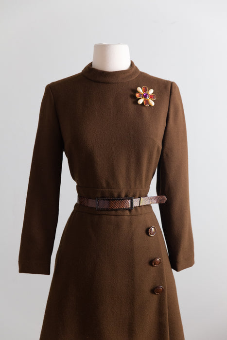 Chic 1960's Chocolate Brown Wool Dress From I.Magnin by Helga / M