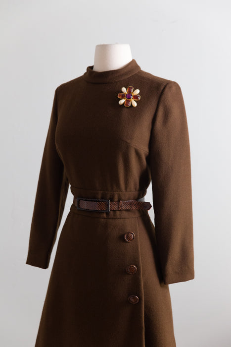Chic 1960's Chocolate Brown Wool Dress From I.Magnin by Helga / M