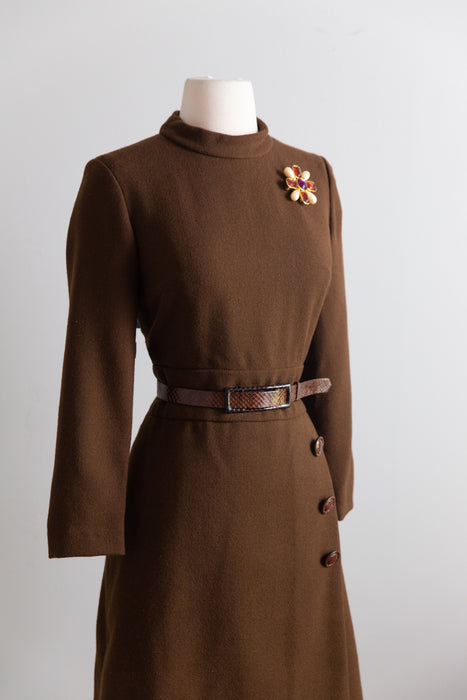 Chic 1960's Chocolate Brown Wool Dress From I.Magnin by Helga / M