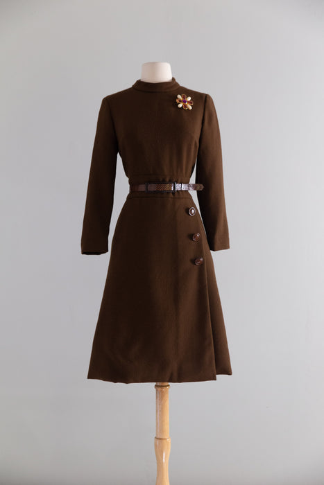 Chic 1960's Chocolate Brown Wool Dress From I.Magnin by Helga / M