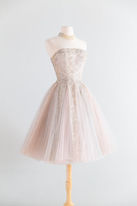 Breathtaking 1950s Strapless Party Dress with Metallic Silver Rose Lace and Pale Blue & Blush Tulle Gored Skirt / XS