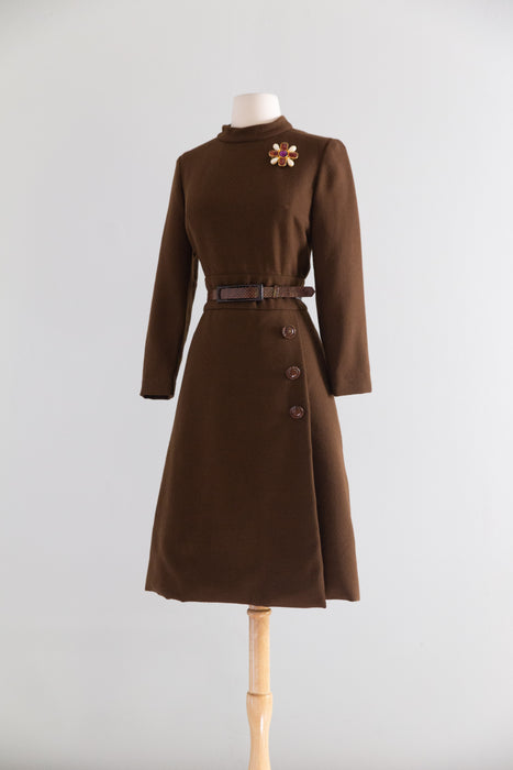 Chic 1960's Chocolate Brown Wool Dress From I.Magnin by Helga / M