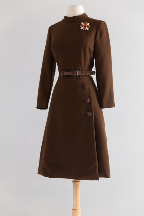 Chic 1960's Chocolate Brown Wool Dress From I.Magnin by Helga / M
