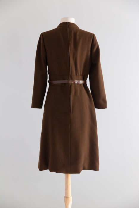 Chic 1960's Chocolate Brown Wool Dress From I.Magnin by Helga / M