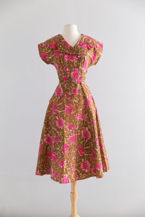 Adorable 1950's Autumn Rose Print Cotton Day Dress With Pink Bows / SM
