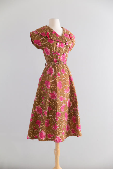 Adorable 1950's Autumn Rose Print Cotton Day Dress With Pink Bows / SM