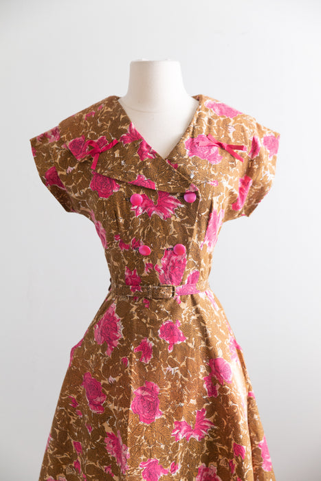 Adorable 1950's Autumn Rose Print Cotton Day Dress With Pink Bows / SM