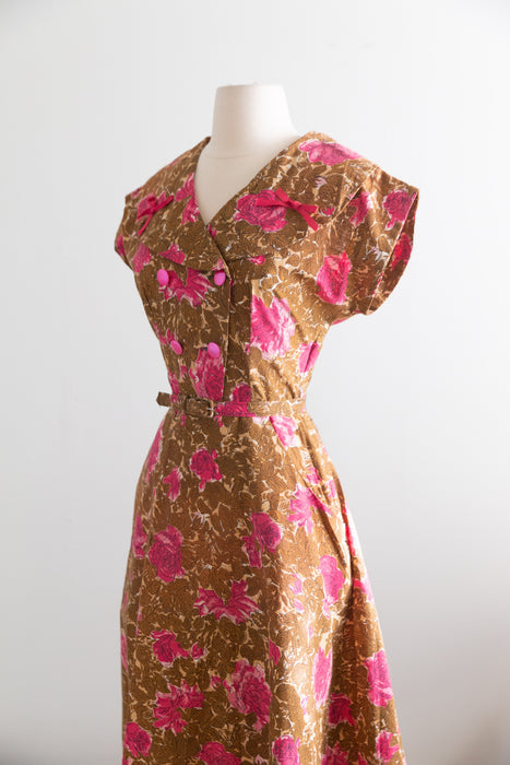 Adorable 1950's Autumn Rose Print Cotton Day Dress With Pink Bows / SM