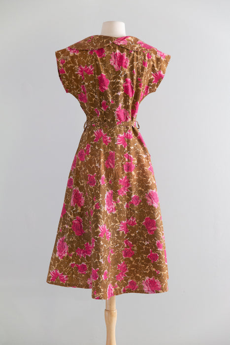 Adorable 1950's Autumn Rose Print Cotton Day Dress With Pink Bows / SM
