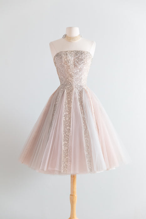 Breathtaking 1950s Strapless Party Dress with Metallic Silver Rose Lace and Pale Blue & Blush Tulle Gored Skirt / XS