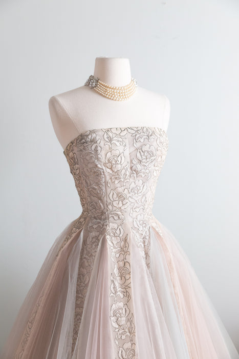 Breathtaking 1950s Strapless Party Dress with Metallic Silver Rose Lace and Pale Blue & Blush Tulle Gored Skirt / XS