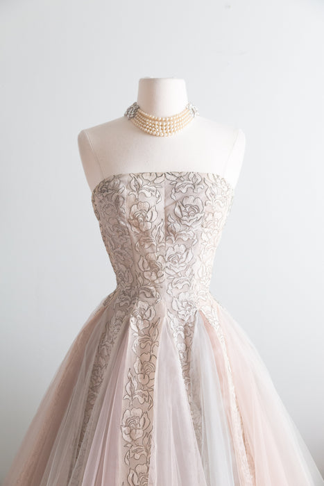 Breathtaking 1950s Strapless Party Dress with Metallic Silver Rose Lace and Pale Blue & Blush Tulle Gored Skirt / XS