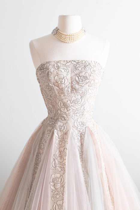 Breathtaking 1950s Strapless Party Dress with Metallic Silver Rose Lace and Pale Blue & Blush Tulle Gored Skirt / XS