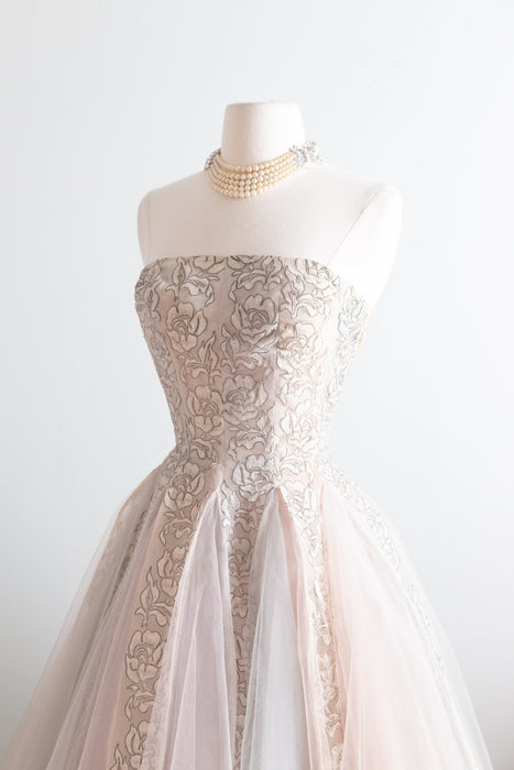 Breathtaking 1950s Strapless Party Dress with Metallic Silver Rose Lace and Pale Blue & Blush Tulle Gored Skirt / XS