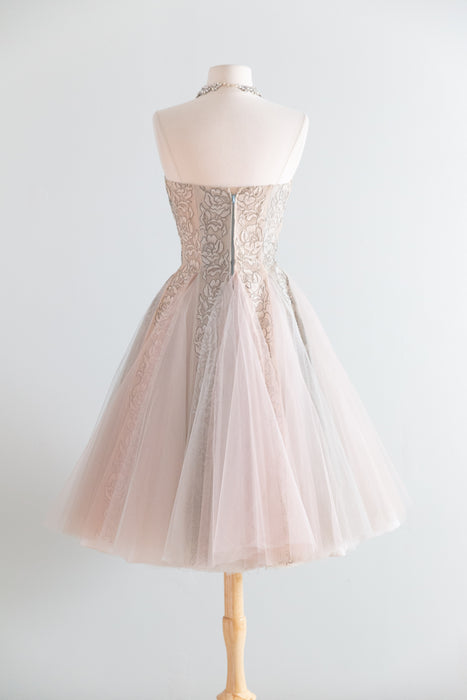 Breathtaking 1950s Strapless Party Dress with Metallic Silver Rose Lace and Pale Blue & Blush Tulle Gored Skirt / XS