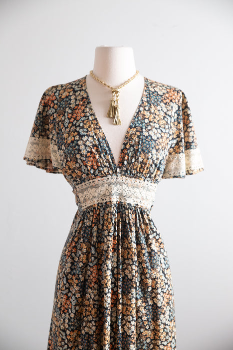 1970's Romantic Cotton Floral Print Maxi Dress With Flutter Sleeves / SM