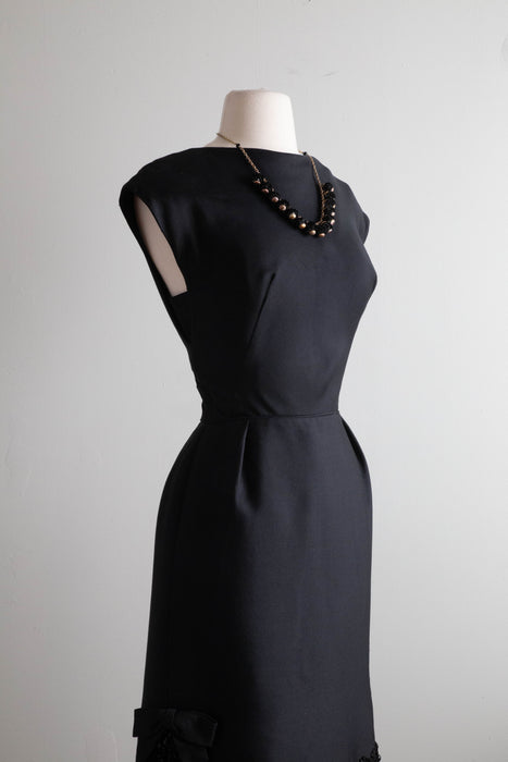 Elegant 1960's Black Silk Beaded Cocktail Dress / Medium