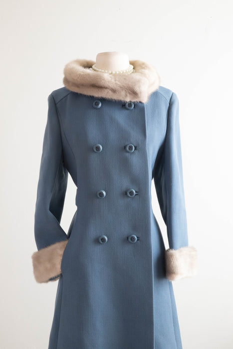 Gorgeous 1960's Wedgewood Blue Wool Coat With Mink Trim / Medium