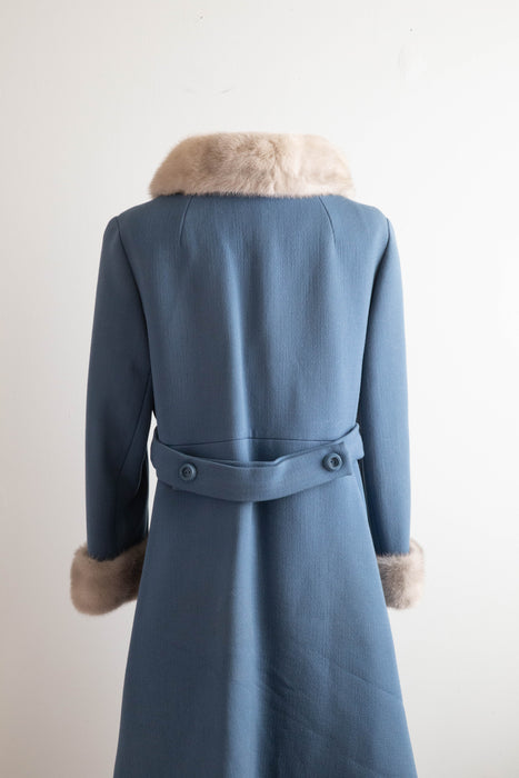 Gorgeous 1960's Wedgewood Blue Wool Coat With Mink Trim / Medium