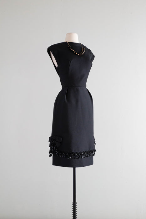 Elegant 1960's Black Silk Beaded Cocktail Dress / Medium