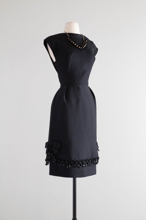 Elegant 1960's Black Silk Beaded Cocktail Dress / Medium