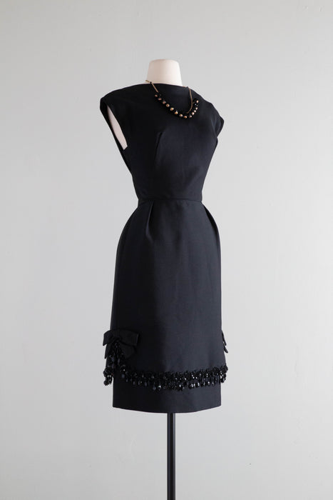 Elegant 1960's Black Silk Beaded Cocktail Dress / Medium